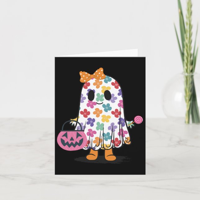 Cute Floral Ghost Trick Or Treat Funny Halloween C Card (Front)
