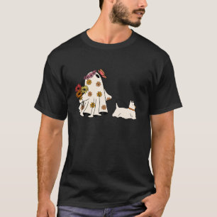 Cute Floral Ghost Walking Dog Halloween Dog Lovers T-Shirt