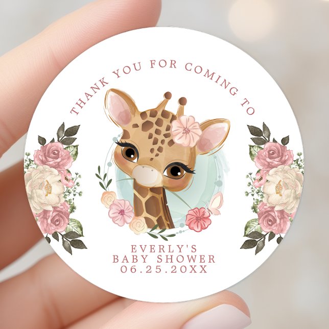 Cute Floral Giraffe Girl Baby Shower Thank You Classic Round Sticker (Creator Uploaded)