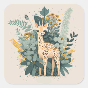 Cute floral giraffe paper plates square sticker