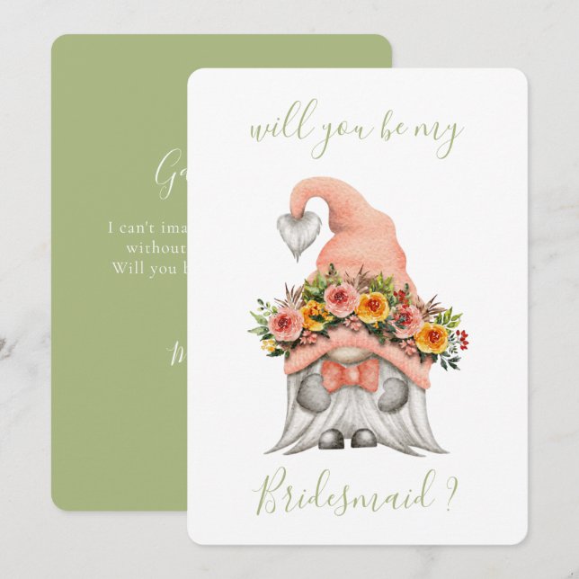 Cute Floral Gnome Will You Be My Bridesmaid Invitation (Front/Back)