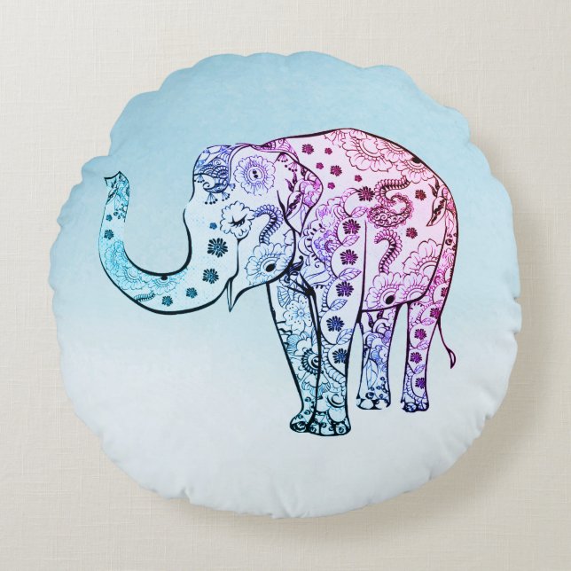 Cute Floral Gradient Elephant Round Cushion (Front)