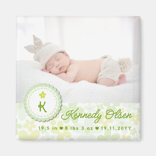 Cute Floral Green Daisies Birth Announcement Photo Magnet