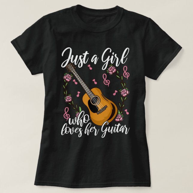 Cute Floral Guitar Girl Design T-Shirt (Design Front)