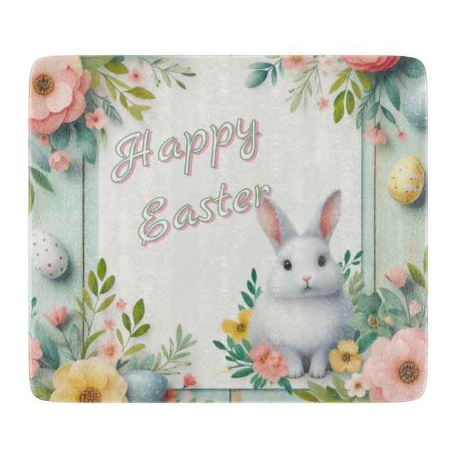 Cute, floral happy Easter bunny Cutting Board (Front)