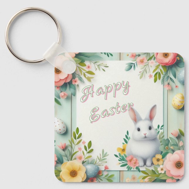 Cute, floral happy Easter bunny Key Ring (Front)