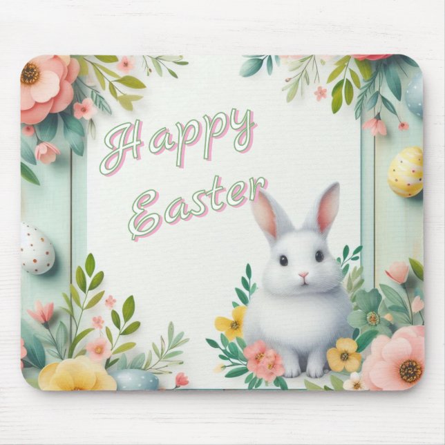 Cute, floral happy Easter bunny Mouse Mat (Front)