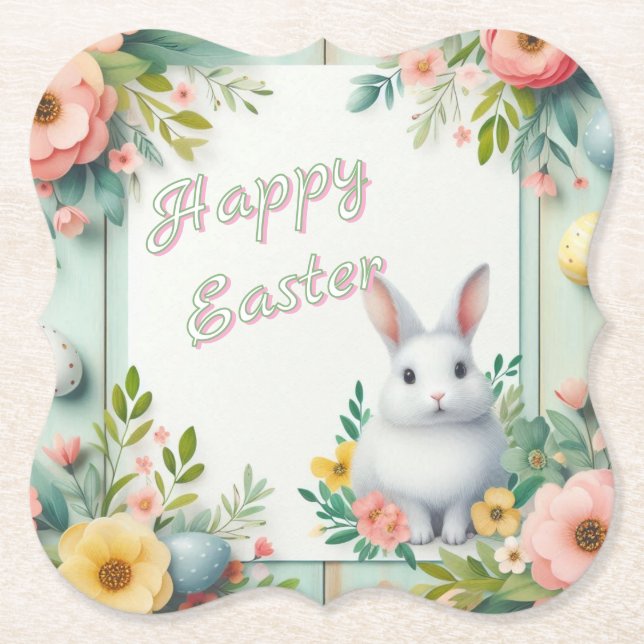 Cute, floral happy Easter bunny Paper Coaster (Front)