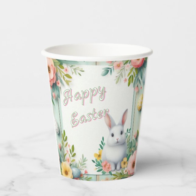 Cute, floral happy Easter bunny Paper Cups (Front)