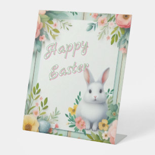 Cute, floral happy Easter bunny Pedestal Sign