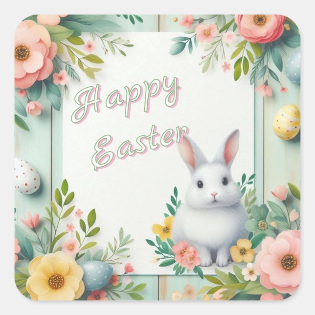 Cute, floral happy Easter bunny Square Sticker (Front)