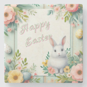 Cute, floral happy Easter bunny Stone Coaster