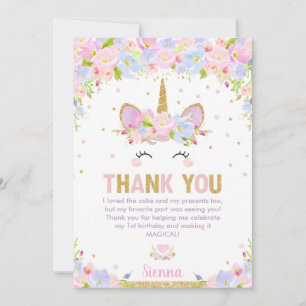 Cute Floral Happy Unicorn Girl 1st Birthday Party Thank You Card
