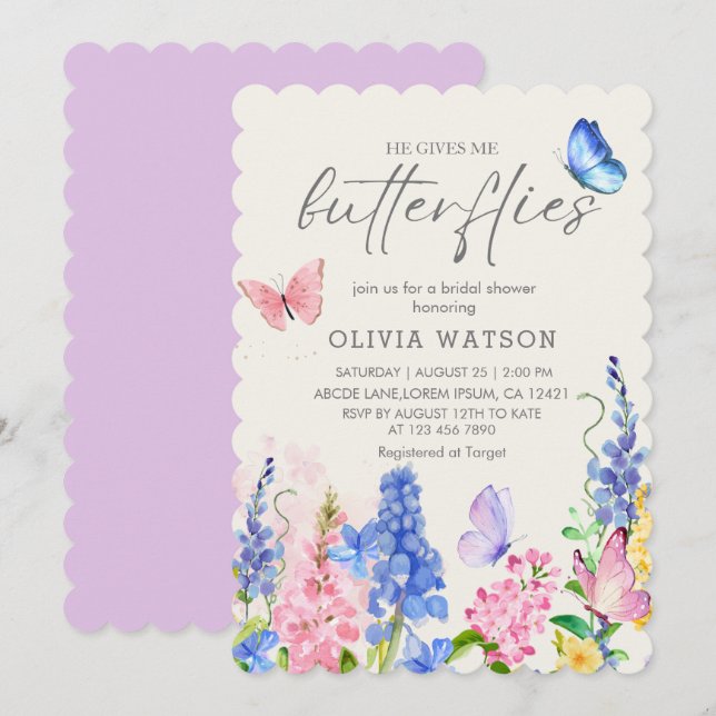 Cute Floral He Gives Me Butterflies Bridal Shower Invitation (Front/Back)