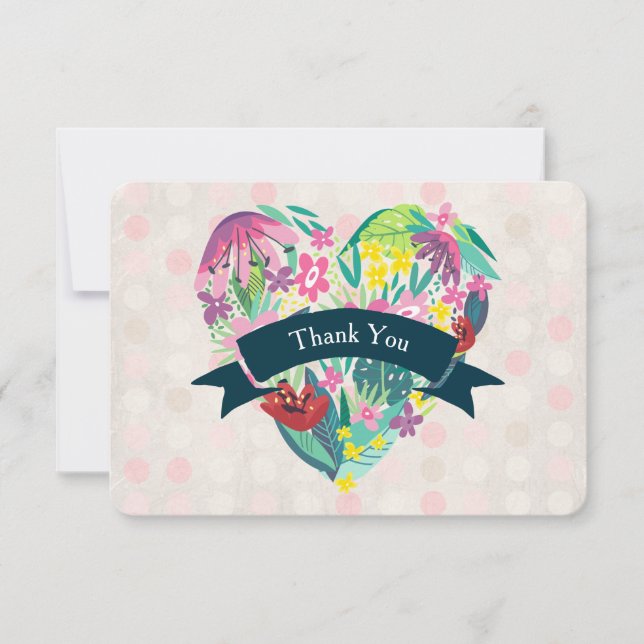 Cute Floral Heart in Pink and Green Thank You Card (Front)