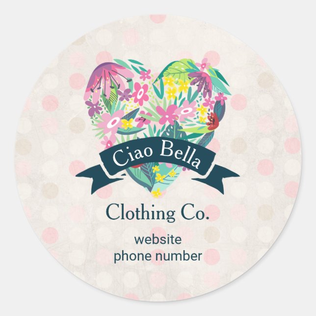 Cute Floral Heart on Pink Circles Business Classic Round Sticker (Front)