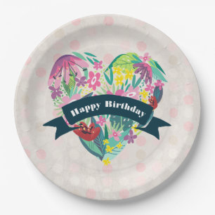Cute Floral Heart with Tropical Flowers Birthday Paper Plate