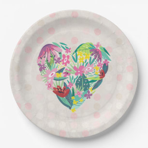 Cute Floral Heart with Tropical Flowers Birthday Paper Plate