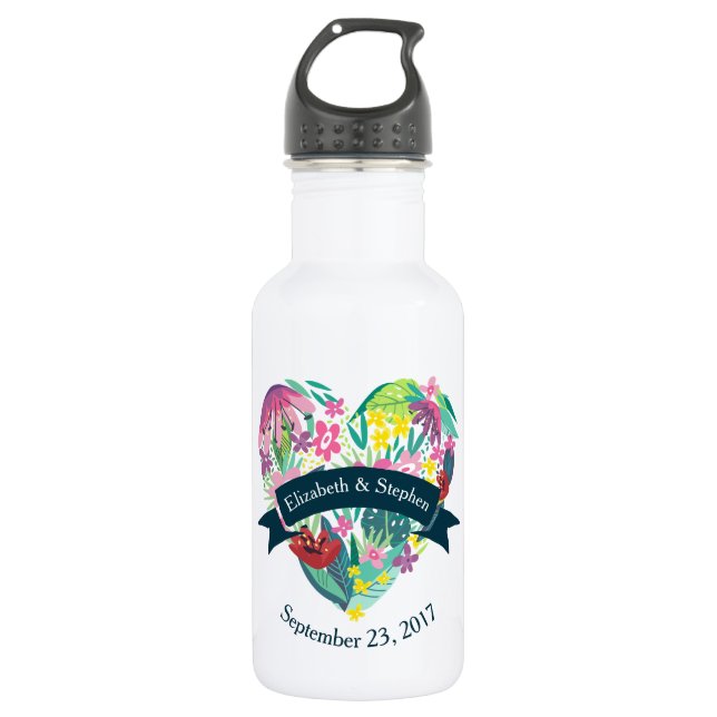 Cute Floral Heart with Tropical Flowers Wedding 532 Ml Water Bottle (Front)