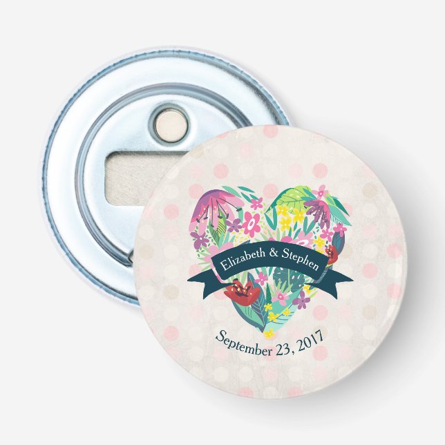 Cute Floral Heart with Tropical Flowers Wedding Bottle Opener (Front)