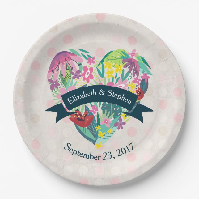 Cute Floral Heart with Tropical Flowers Wedding Paper Plate (Front)