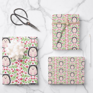 Cute Floral Hedgehog Wrapping Paper Sheet