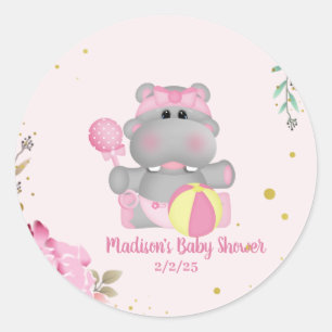 Cute Floral Hippo Baby Shower  Classic Round Sticker