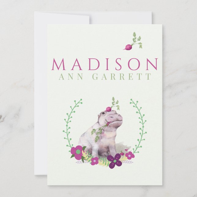 Cute floral hippo purple baby girl photo birth announcement (Front)
