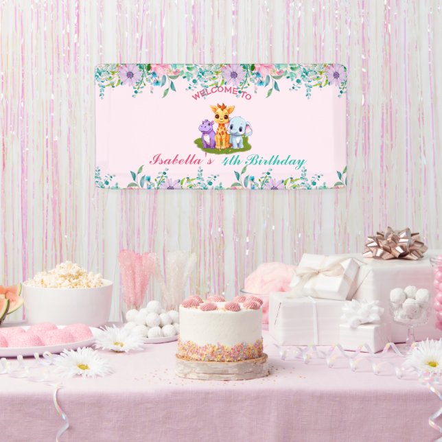 Cute Floral Hippo safari jungle Animals Birthday Banner (Party)