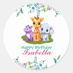 Cute Floral Hippo safari jungle Animals Birthday Classic Round Sticker