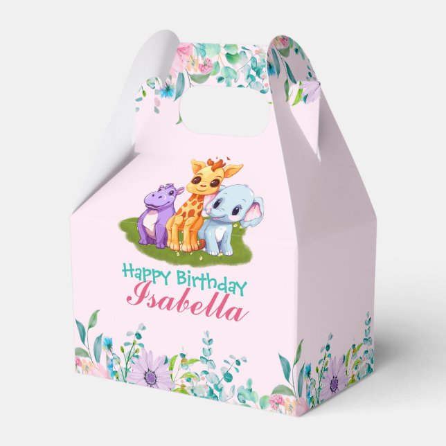 Cute Floral Hippo safari jungle Animals Birthday Favour Box (Front Side)