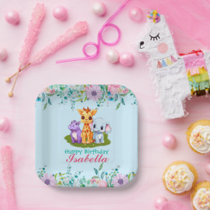 Cute Floral Hippo safari jungle Animals Birthday Paper Plate