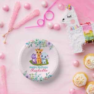Cute Floral Hippo safari jungle Animals Birthday Paper Plate