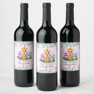 Cute Floral Hippo safari jungle Animals Birthday Wine Label