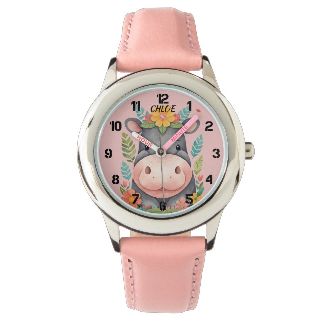 Cute Floral Hippopotamus Kids Watch (Front)