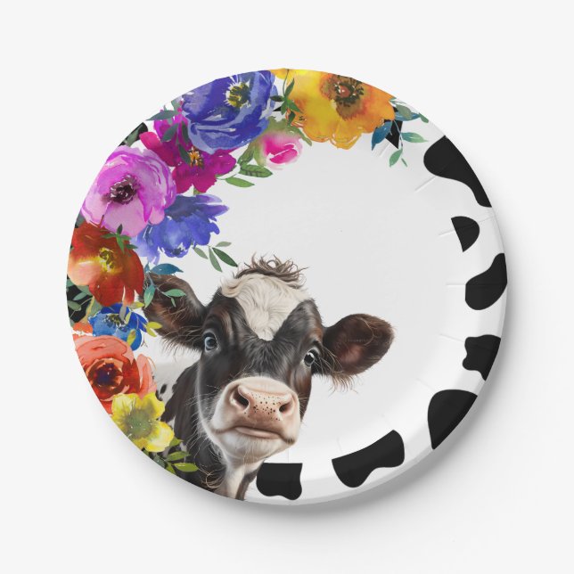 Cute Floral 'Holy Cow' Birthday Paper Plate (Front)