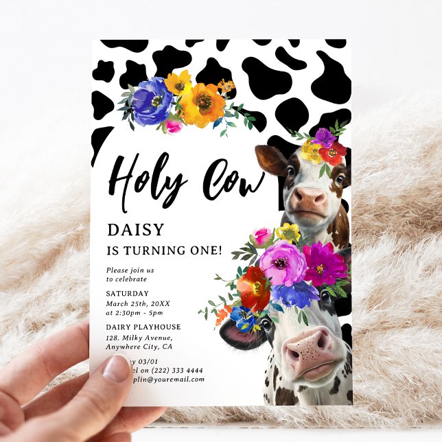 Cute Floral 'Holy Cow' ONE 1st Birthday Party Invitation (Creator Uploaded)