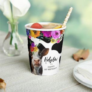 Cute Floral 'Holy Cow' ONE 1st Birthday Party Paper Cups