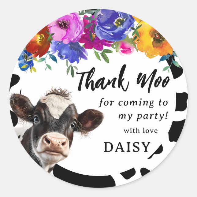 Cute Floral 'Holy Cow' Thank Moo  Classic Round Sticker (Front)