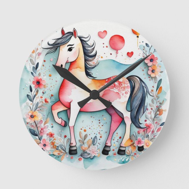 Cute floral horse round clock (Front)