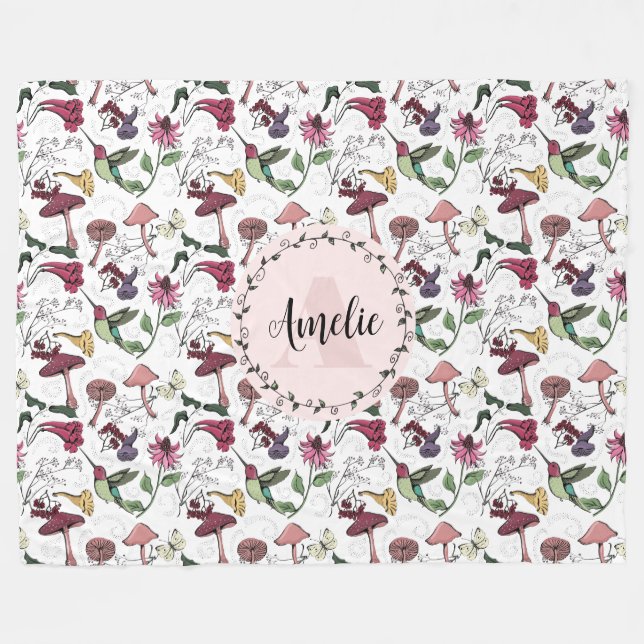 Cute Floral Hummingbird Garden Fleece Blanket (Front (Horizontal))