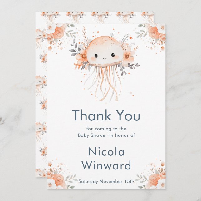 Cute Floral Jellyfish Baby Shower  Thank You Card (Front/Back)