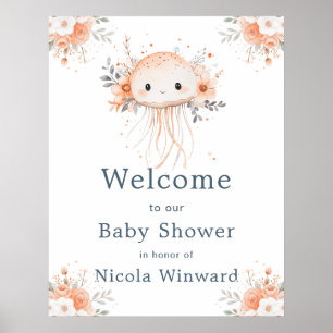 Cute Floral Jellyfish Baby Shower Welcome Poster
