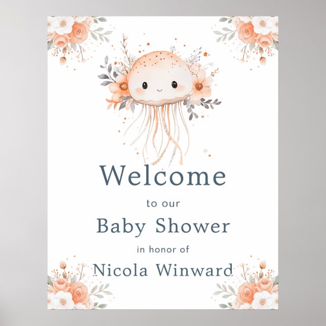 Cute Floral Jellyfish Baby Shower Welcome Poster (Front)