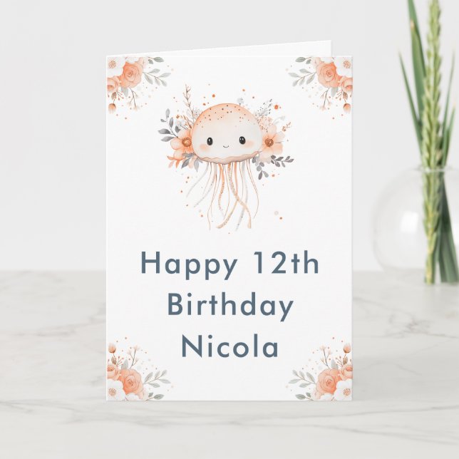 Cute Floral Jellyfish Birthday Party Card (Front)
