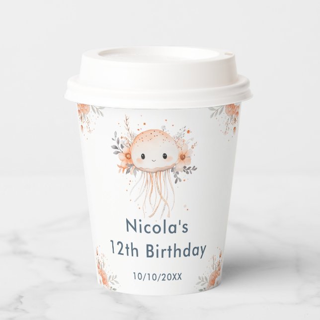 Cute Floral Jellyfish Birthday Party Paper Cups (Front)