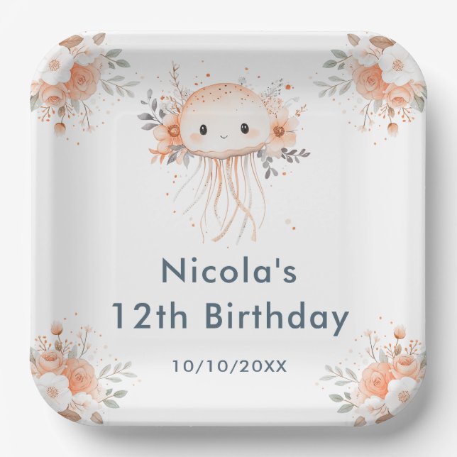 Cute Floral Jellyfish Birthday Party Paper Plate (Front)
