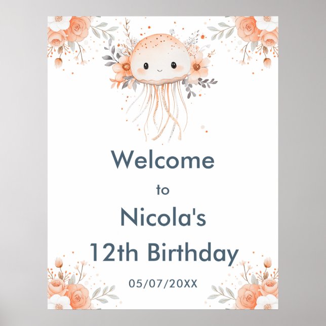 Cute Floral Jellyfish Birthday Party Welcome Poster (Front)