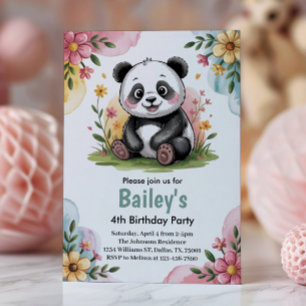 Cute Floral Kids Panda 4th Birthday Party Invitation