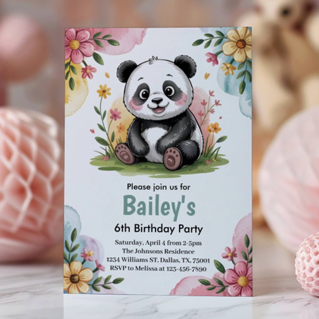 Cute Floral Kids Panda 6th Birthday Party Invitation (Creator Uploaded)